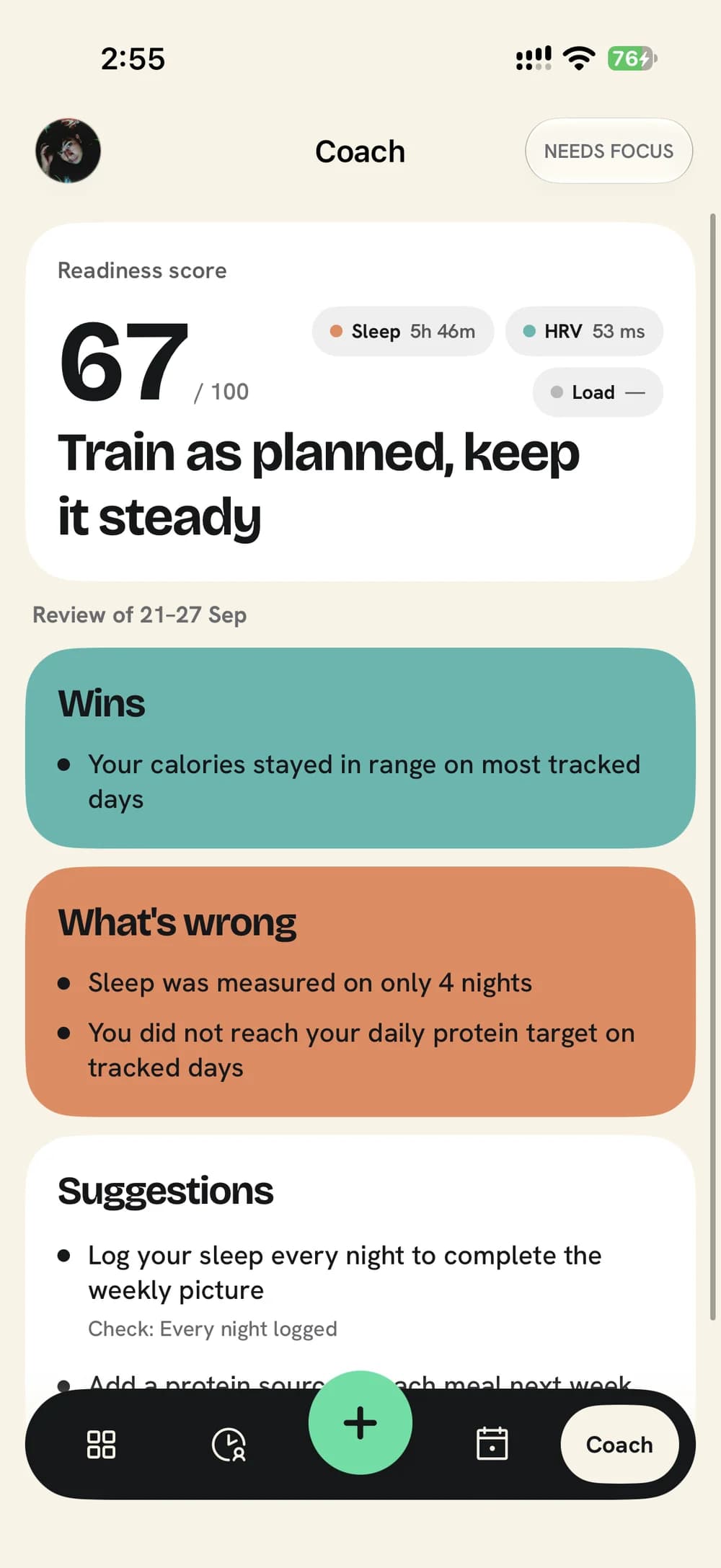 The EvrFit Coach screen with a readiness score of 67 and the weekly review