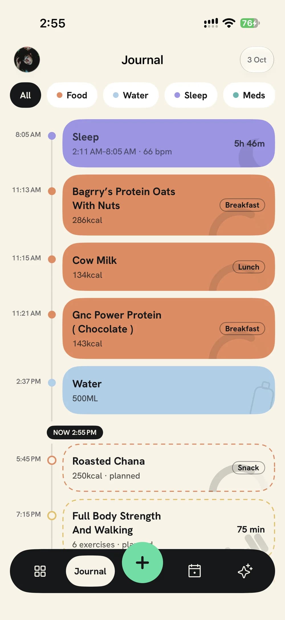 The EvrFit Journal timeline with sleep, meals and water logged