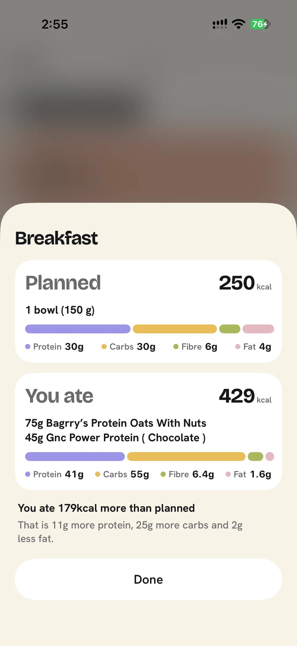 A breakfast shown as planned, 250 kilocalories, against what was eaten, 429 kilocalories