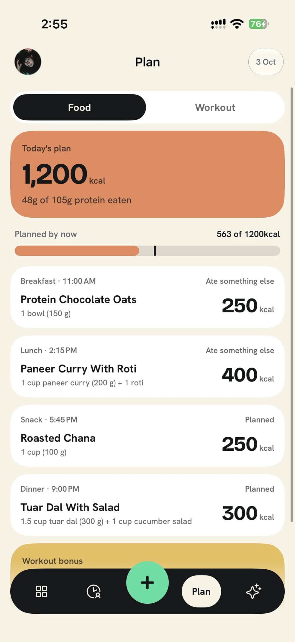 The EvrFit Plan screen with today's calories, protein, and the day's meals