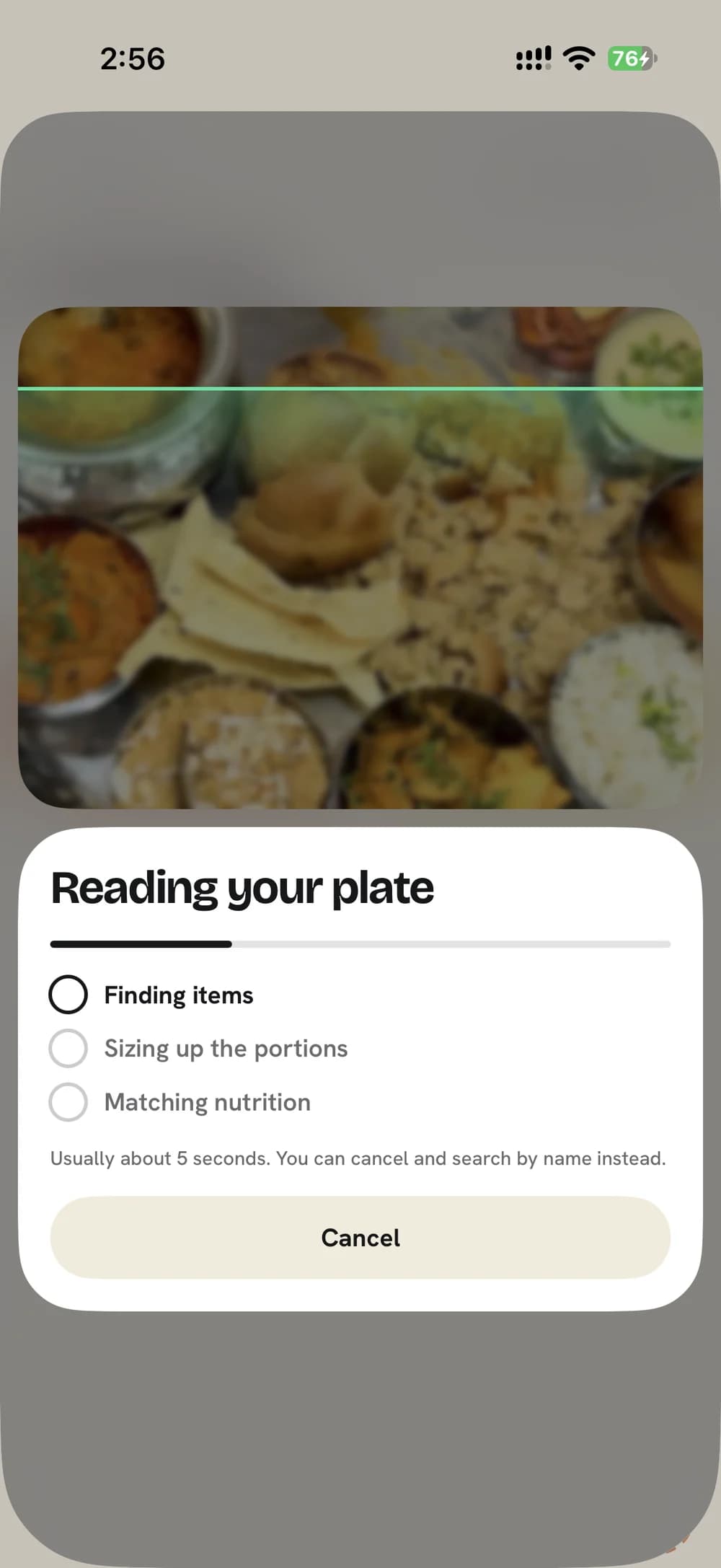 A plate of food being read, with the steps finding items, sizing portions and matching nutrition