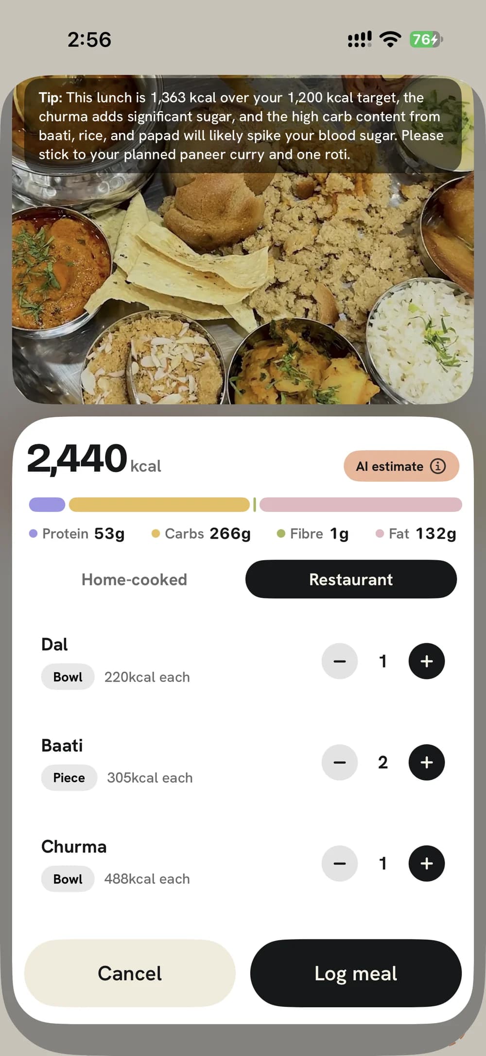 The result for the plate: calories, macros, and each dish with an adjustable quantity