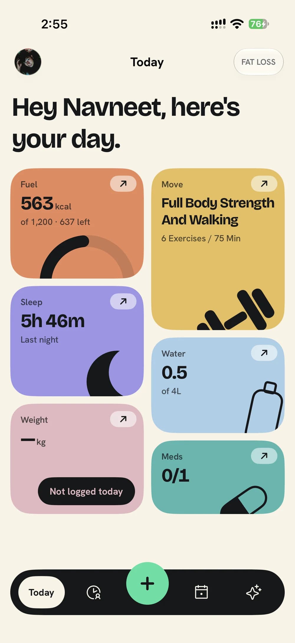 The EvrFit Today screen with tiles for Fuel, Move, Sleep, Water, Weight and Meds